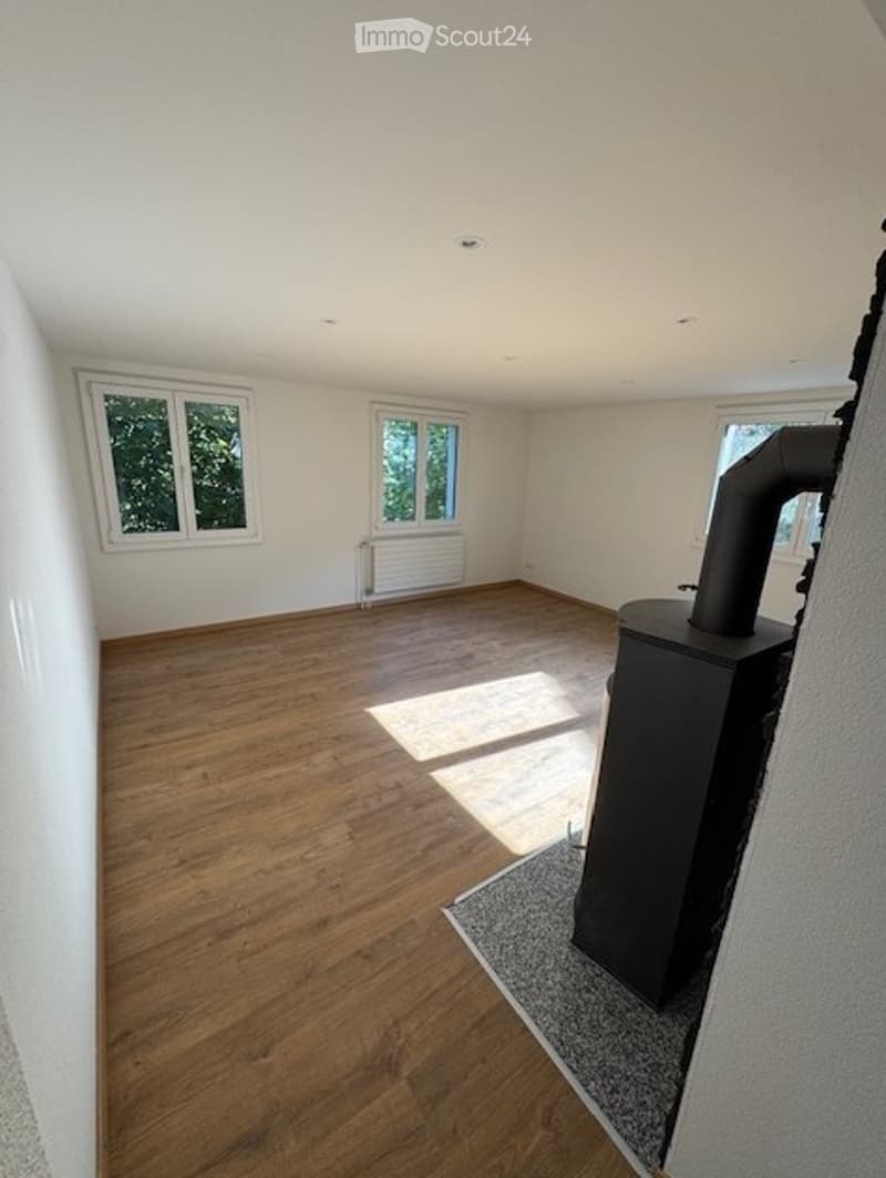 Empty room with wooden flooring, white walls, and three windows. A black wood-burning stove is present but no furniture.