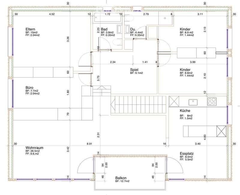 Floor plan showing a living room, kitchen, two bedrooms, bathroom, office, play area, and balcony.
