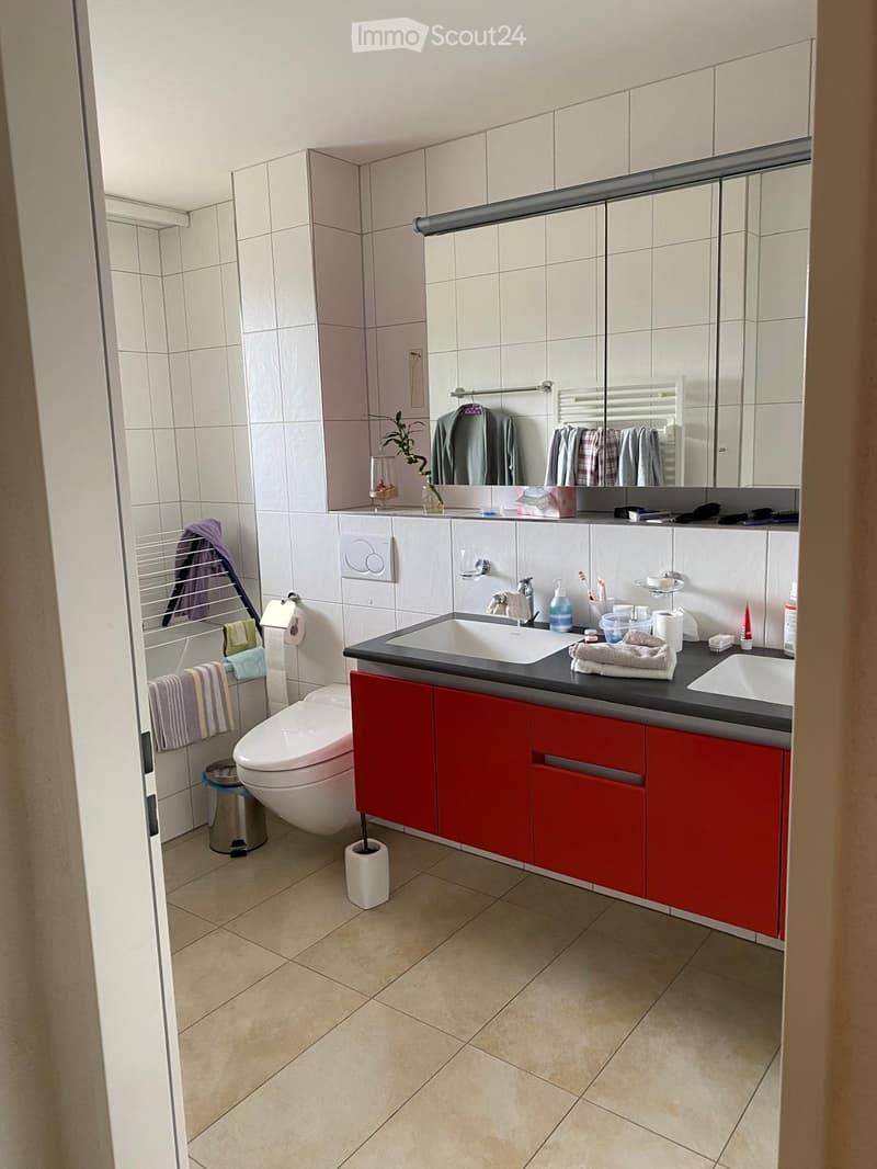Modern bathroom with red cabinets, double sink, toilet, mirror, towel rack, and various toiletries.