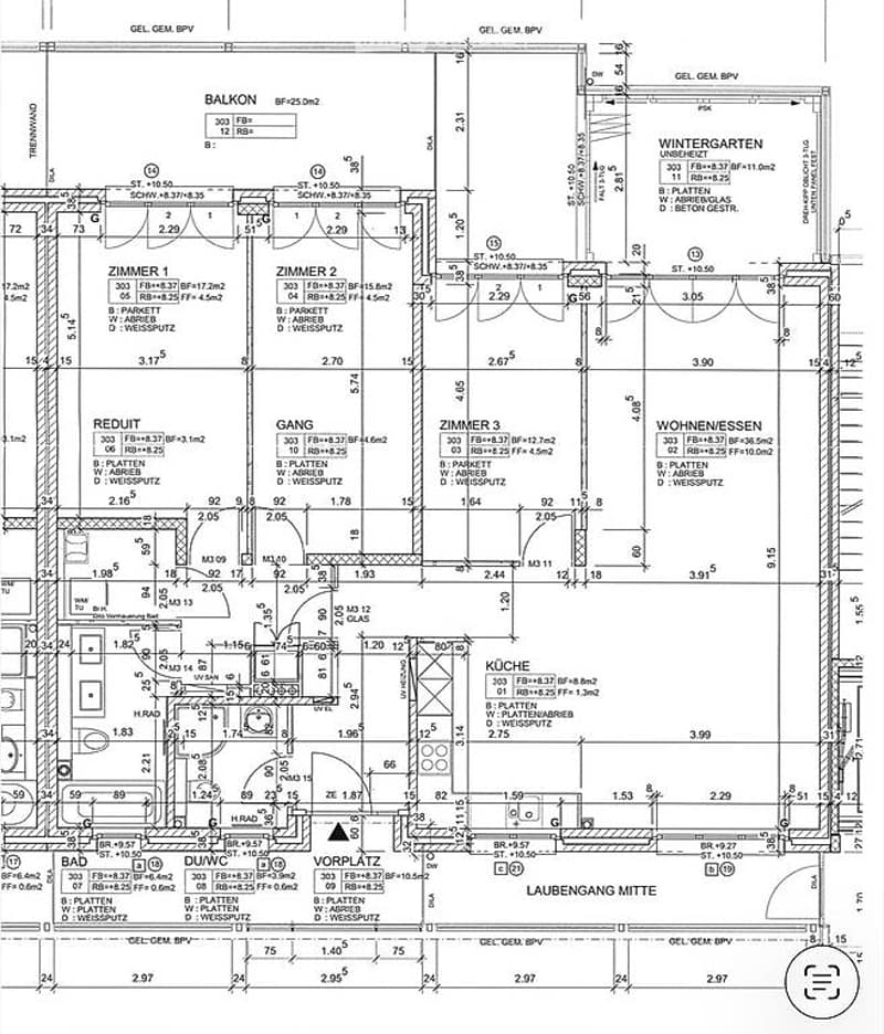 Floor plan showing a multi-room layout including a balcony, living room, kitchen, bedrooms, and bathrooms.