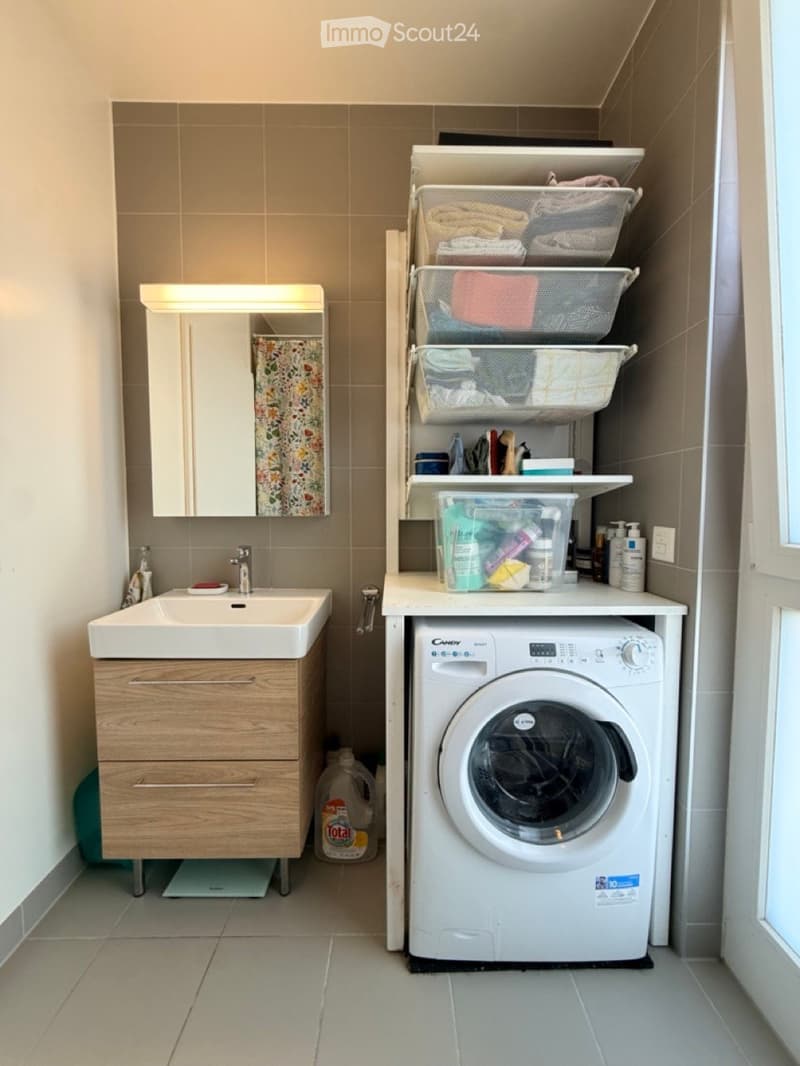 Compact bathroom with a sink, mirror, washing machine, and storage shelves. Includes cleaning supplies and a bottle of Total detergent on the floor.