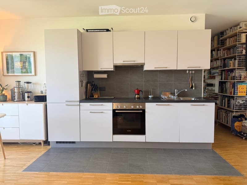 Modern kitchen with white cabinets, stainless steel appliances, grey tiled backsplash, and wooden flooring. Includes a refrigerator, oven, sink, blender, coffee maker, and a bookshelf with books.