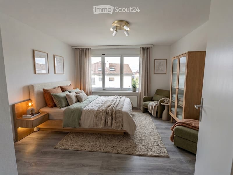 Modern bedroom with a large bed, nightstand, armchair, small table, wardrobe, and artwork on the walls. The room features wooden flooring and large windows with curtains.