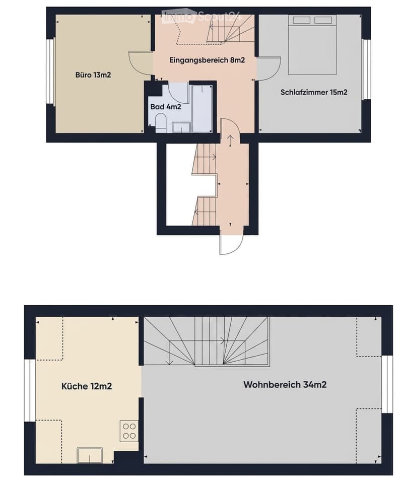 Floor plan showing a two-story layout with rooms labeled: entrance area (8m2), office (13m2), bathroom (4m2), bedroom (15m2), kitchen (12m2), and living area (34m2).