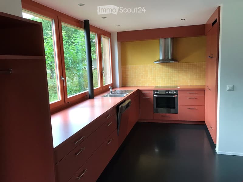 Modern kitchen with pink cabinets, dark countertops, stainless steel appliances, and large windows overlooking greenery.