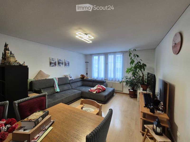 Modern living room with grey sectional sofa, wooden dining table, chairs, TV stand, potted plant, and decorative items.