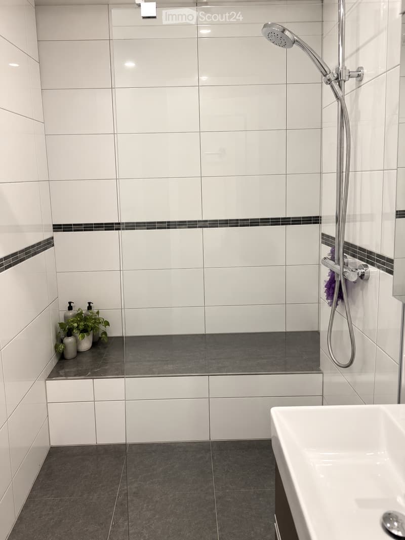 Modern bathroom with white tiled walls, dark grey tiled floor, shower with handheld sprayer, sink, and small potted plants on the shelf.