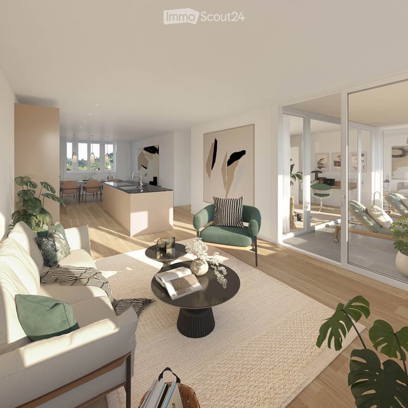 Modern living room with white sofa, green armchair, coffee table, and large windows leading to a balcony. The space features a light-colored carpet, wooden flooring, and contemporary decor including artwork and plants.