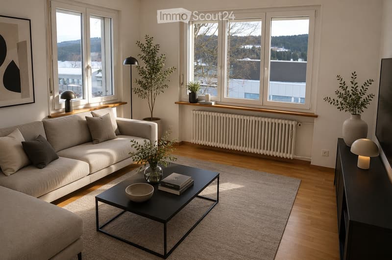 Modern living room with large windows, a grey sectional sofa, a black coffee table, a floor lamp, and decorative vases.