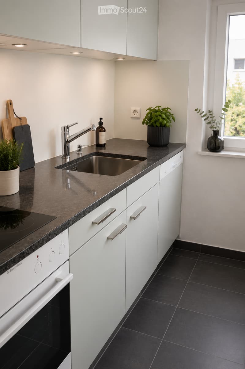 Modern kitchen with white cabinets, dark countertops, stainless steel sink, and built-in oven. Includes a potted plant and vase on the windowsill.