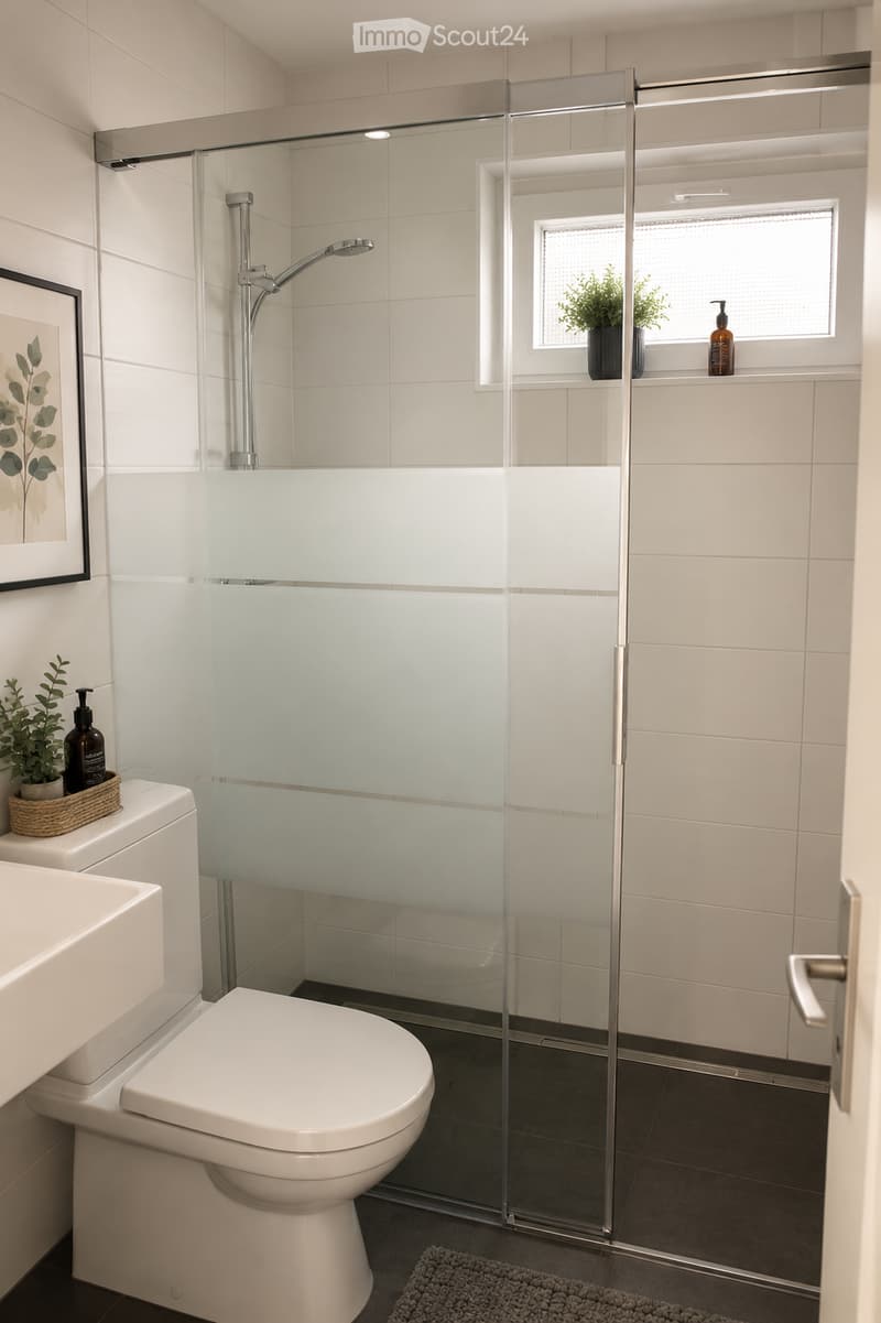 Modern bathroom with white tiles, a glass-enclosed shower, a toilet, a sink, and a framed picture on the wall. There are small plants and bottles on the windowsill and sink counter.