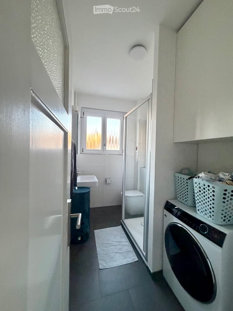 Modern bathroom with a sink, toilet, washing machine, and laundry baskets. Features a glass shower enclosure, a window with a view, and a small rug on the floor.