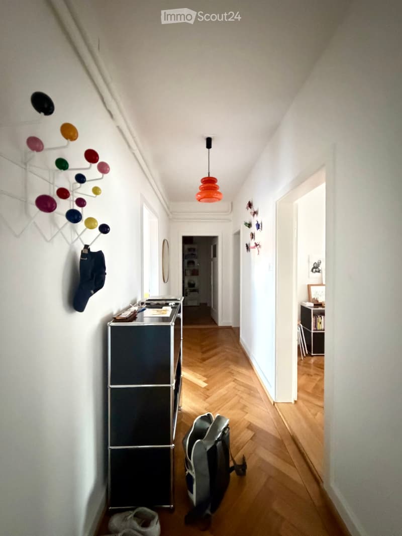 A narrow hallway with wooden herringbone flooring, white walls, and a hanging orange pendant light. A coat rack with colorful hooks is mounted on the left wall, and a small black cabinet is visible near the entrance.