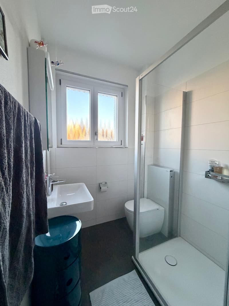 Modern bathroom with a white sink, chrome faucet, toilet, glass-enclosed shower, and a dark-colored bathtub. A towel hangs on the wall, and a window provides natural light.