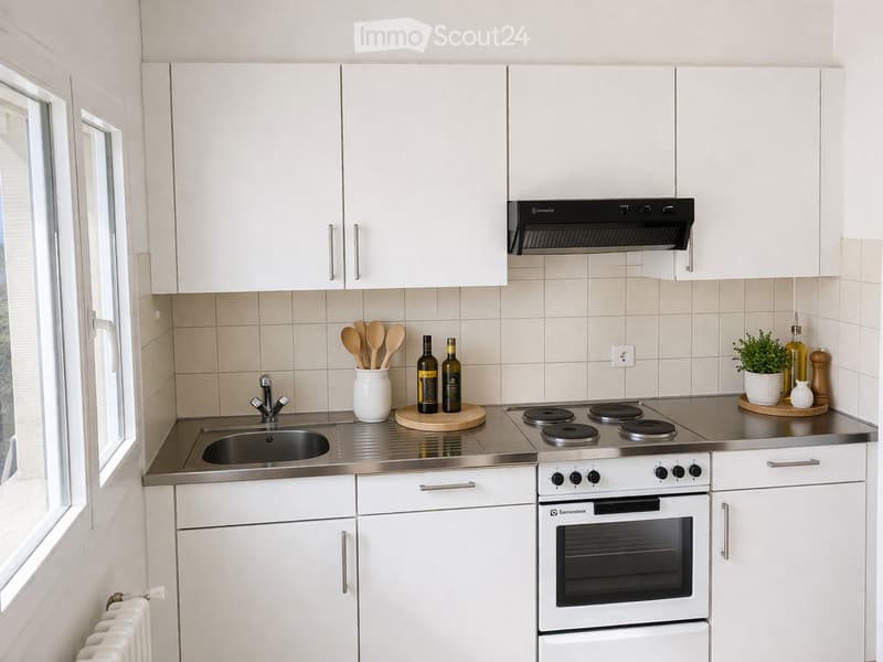 Modern kitchen with white cabinets, stainless steel sink, electric stove, and various kitchen items on the counter.