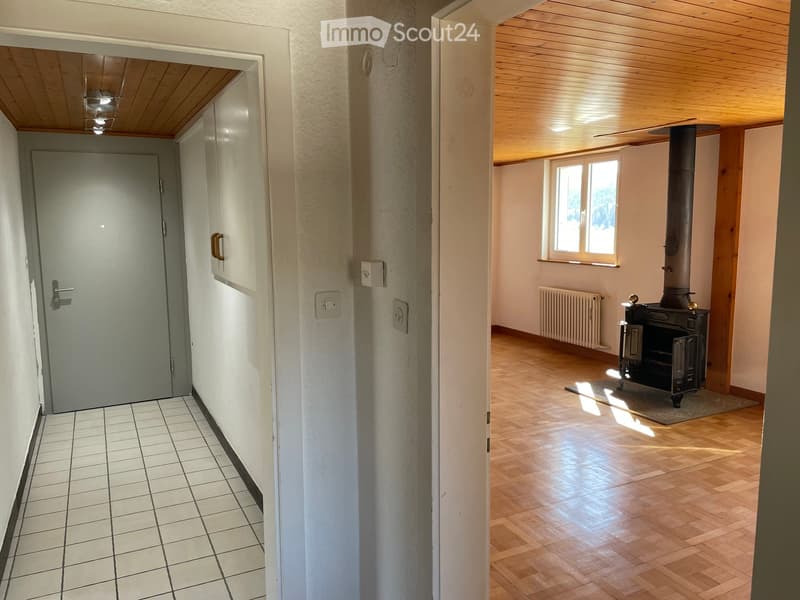 Hallway with tiled floor and wooden ceiling, leading to a room with a fireplace and wooden flooring.
