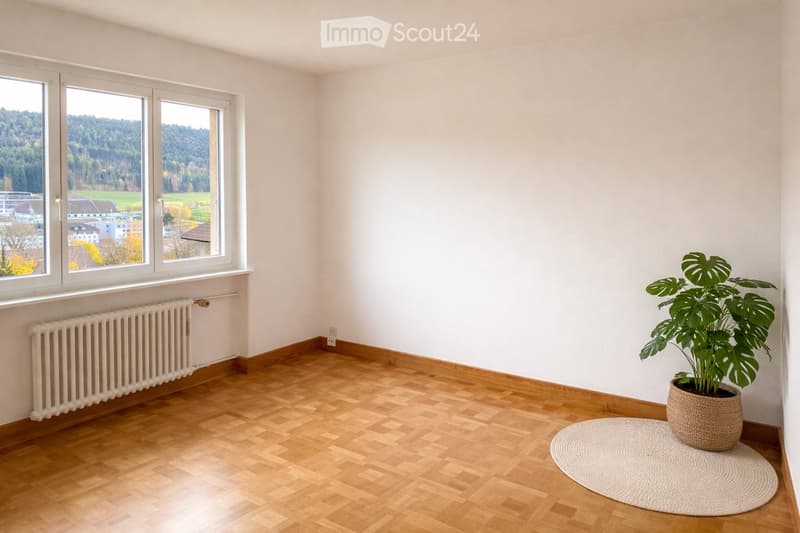Empty room with wooden flooring, white walls, large windows with a scenic view, radiator, and a round rug with a potted plant.