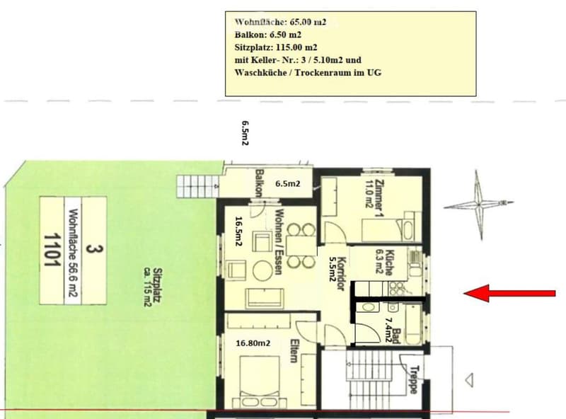Floor plan of a 65 m² apartment with a balcony, living/dining area, kitchen, bedroom, and bathroom.