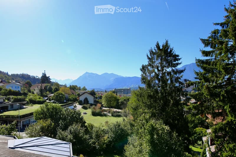 A panoramic view of a suburban neighborhood with houses, trees, and a clear view of mountains in the background.