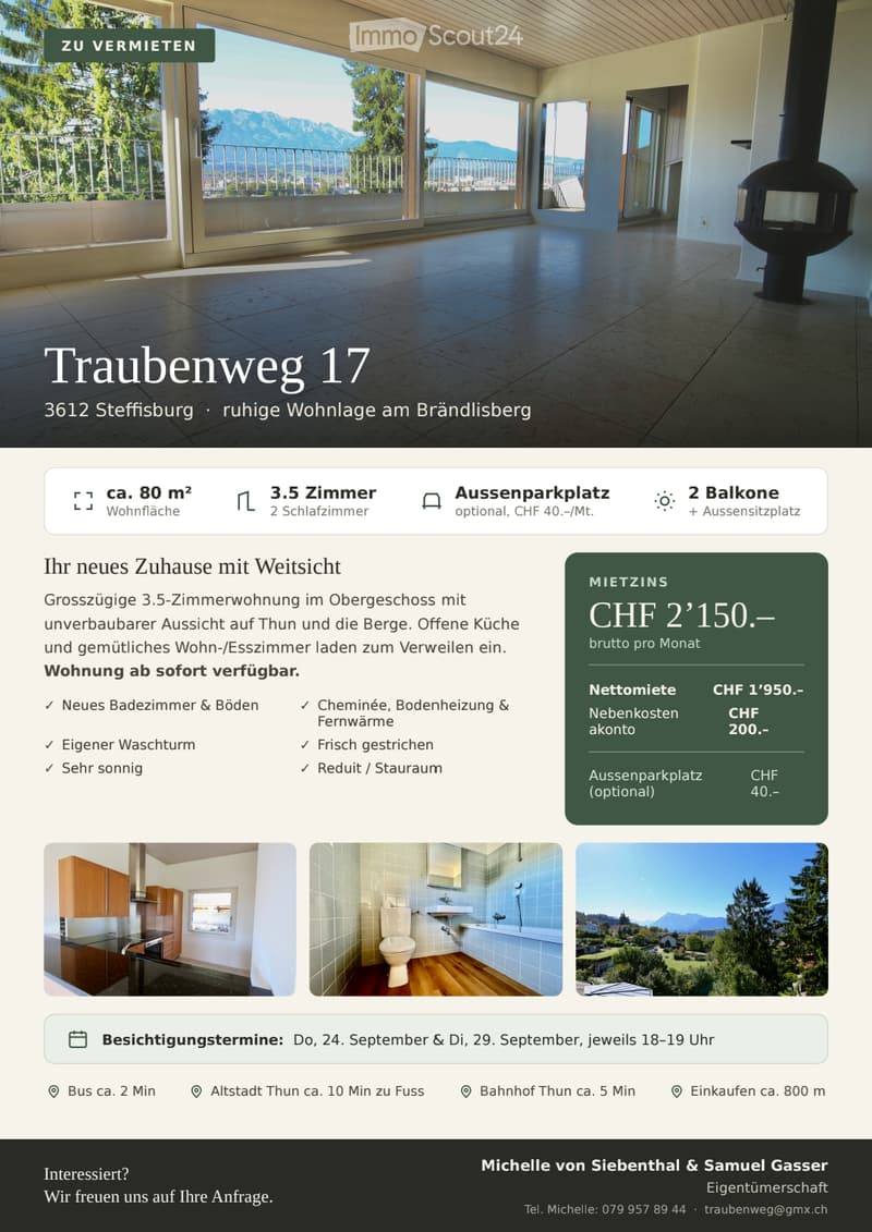 The image shows a modern, well-lit living space with large windows offering a scenic mountain view. Visible objects include a cabinet, sink, toilet, and bathtub, indicating a combined living and bathroom area.