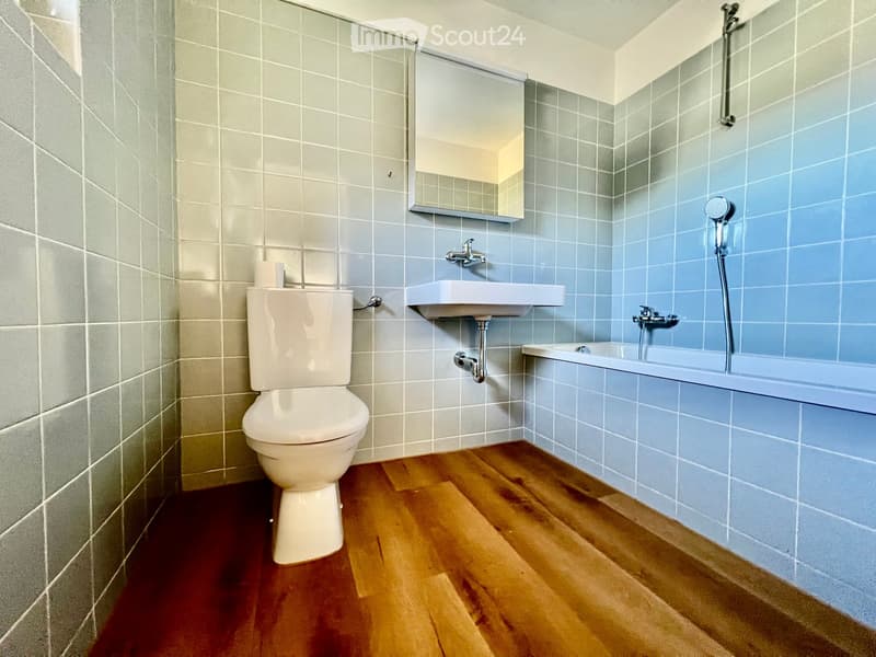 Modern bathroom with light blue tiled walls, wooden flooring, toilet, sink, bathtub, and mirror.