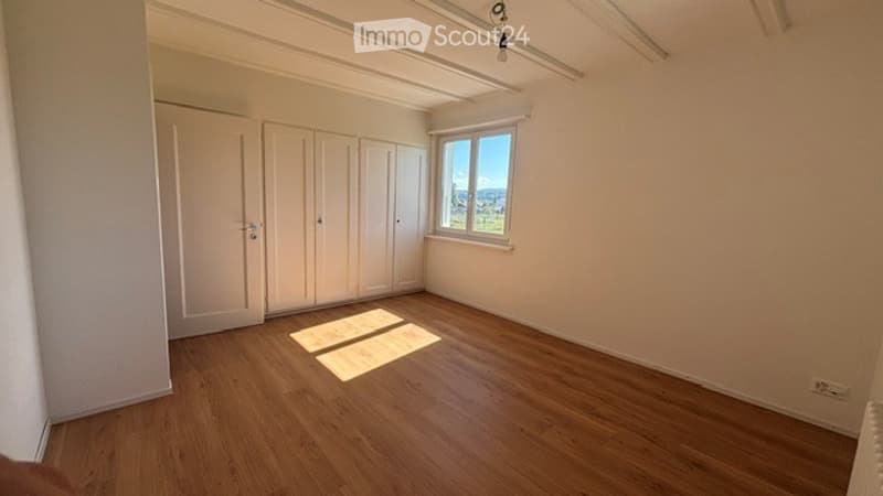 Empty room with wooden flooring, white walls, built-in wardrobes, and a window offering a view of the outside.