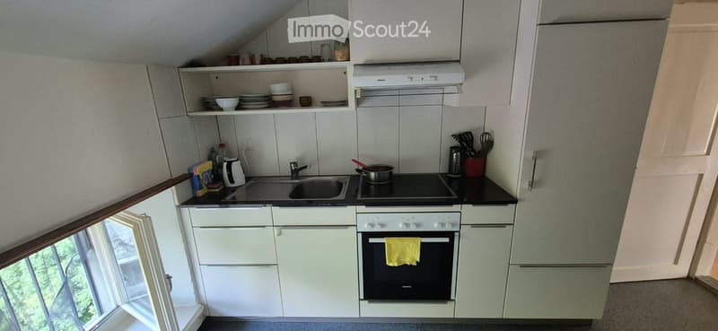 Compact kitchen with white cabinets, a sink, a stove, and an oven. Shelves hold dishes and cups, and a window offers a view of greenery.