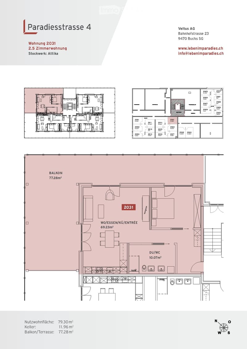 Floor plan of a 2.5-room apartment on the attic floor, including a living/dining/kitchen/entrance area, a bathroom, and a balcony.