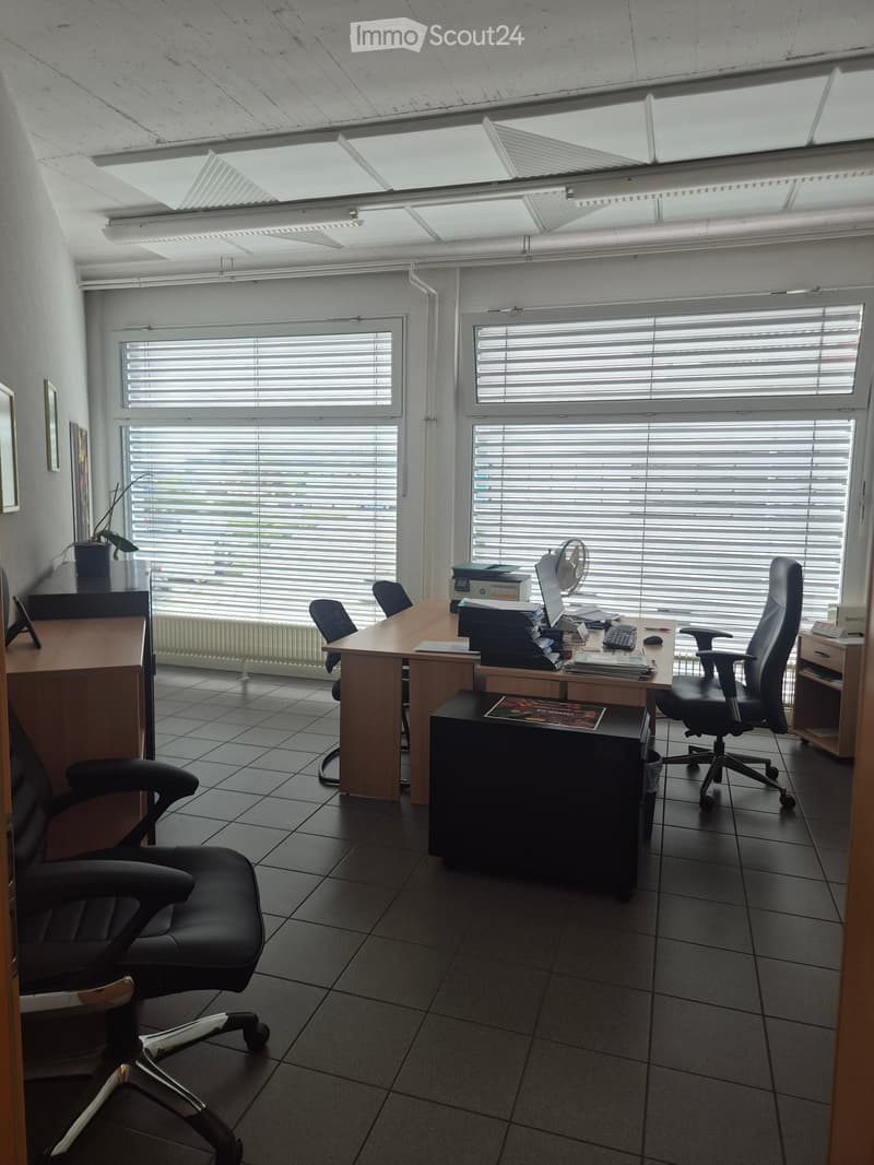 Office space with a wooden desk, two office chairs, a laptop, printer, fan, and a small plant on a side table.