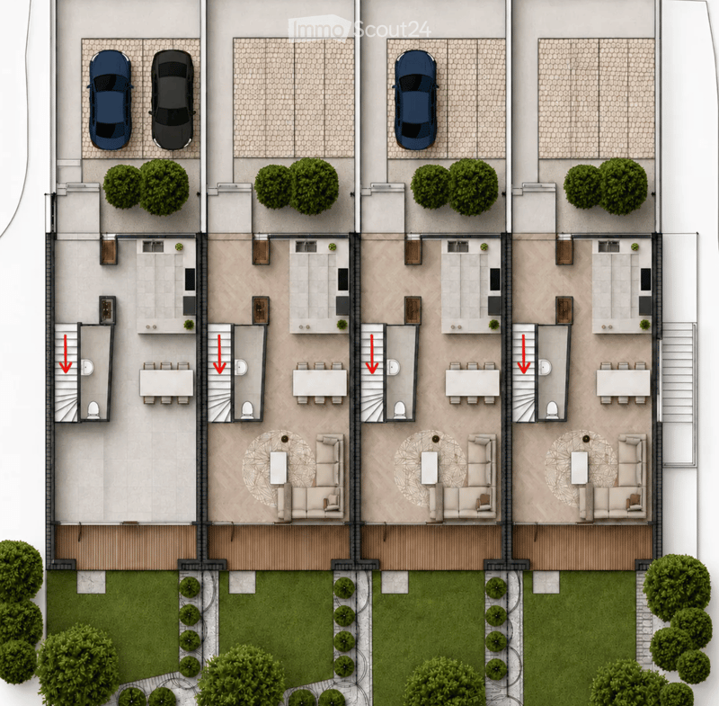 Top-down floor plan of a multi-unit building with four apartments, each featuring a living room, dining area, kitchen, and bedroom. Includes parking spaces and a landscaped garden area.