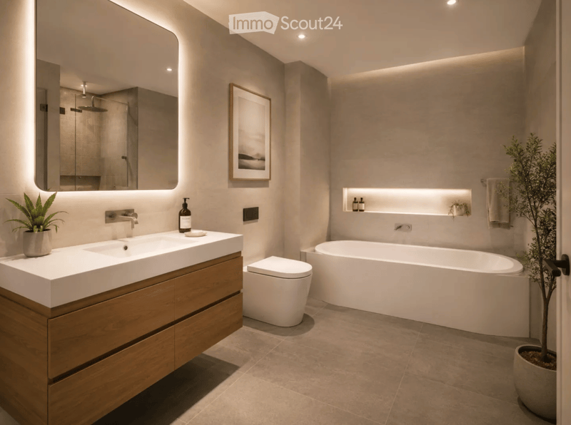 Modern bathroom with a white sink, wooden cabinet, bathtub, toilet, large mirror, and decorative plant.