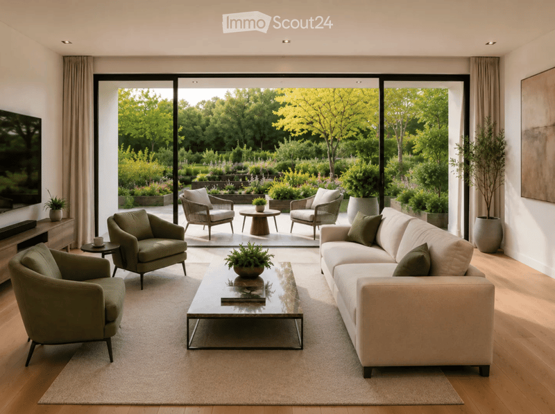 Modern living room with large glass doors opening to a garden, featuring a beige sofa, glass coffee table, armchairs, and a television console.