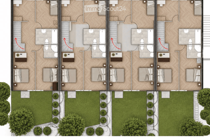 Layout of a multi-unit residential building with multiple bedrooms, bathrooms, and a shared common area. The ground floor includes a large garden with trees and pathways.