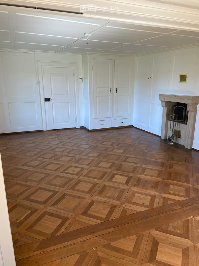 Empty room with wooden parquet flooring, white walls, multiple doors, and a fireplace with a decorative screen.