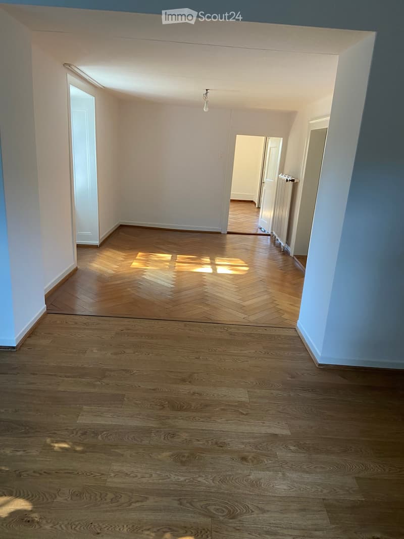 Empty hallway with wooden flooring and white walls, featuring a visible light fixture and an open doorway leading to another room.