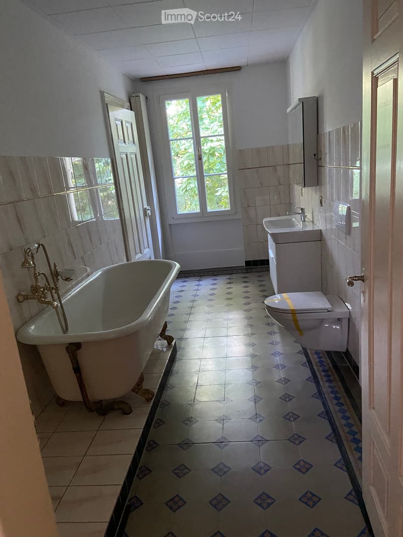 Bathroom with a freestanding bathtub, toilet, sink, and mirror. The floor features patterned tiles, and the walls are tiled with a mix of light and dark tiles. Windows allow natural light to enter.