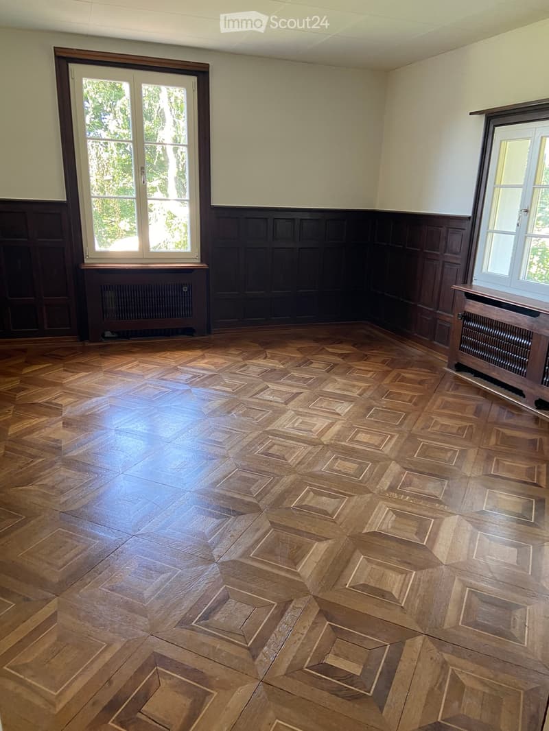 Empty room with wooden herringbone flooring, light-colored walls, and large windows with white frames. Radiators are visible beneath the windows.