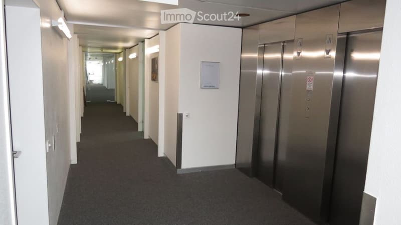 The image shows a long hallway with gray carpeted floors, white walls, and several elevator doors along the sides. The hallway appears to be in a commercial or office building.