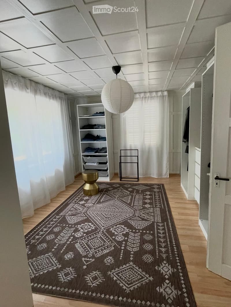 A modern hallway with wooden flooring, a patterned brown rug, a white shelf with folded clothes, a golden stool, and a hanging white lantern light.
