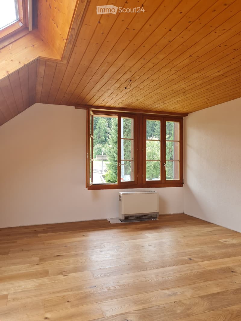 Empty room with wooden flooring, light-colored walls, and a large window with wooden frames. A small white radiator is placed against the wall.