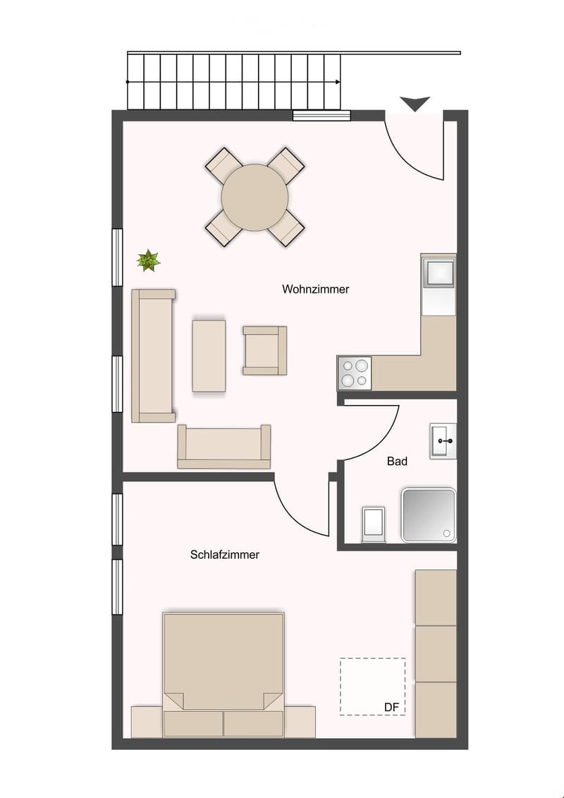 Layout includes a living room with a round dining table and chairs, a bedroom, a bathroom, and a small kitchen area.