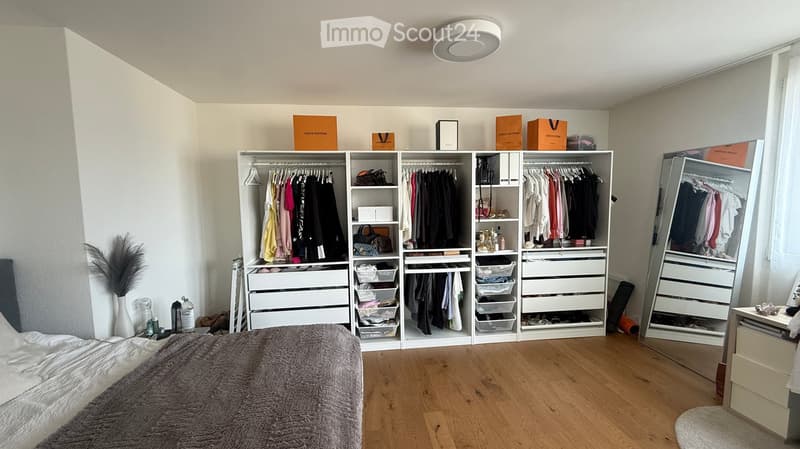 Well-organized bedroom with a large built-in wardrobe, a full-length mirror, a neatly made bed with a fluffy rug, and decorative items on the shelves.