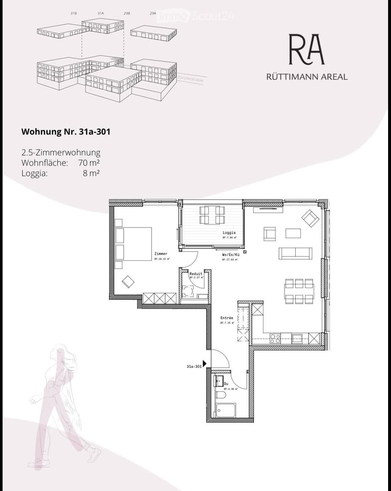 Floor plan of a 2.5-room apartment with a living/dining/kitchen area, bedroom, hallway, entrance, and loggia.