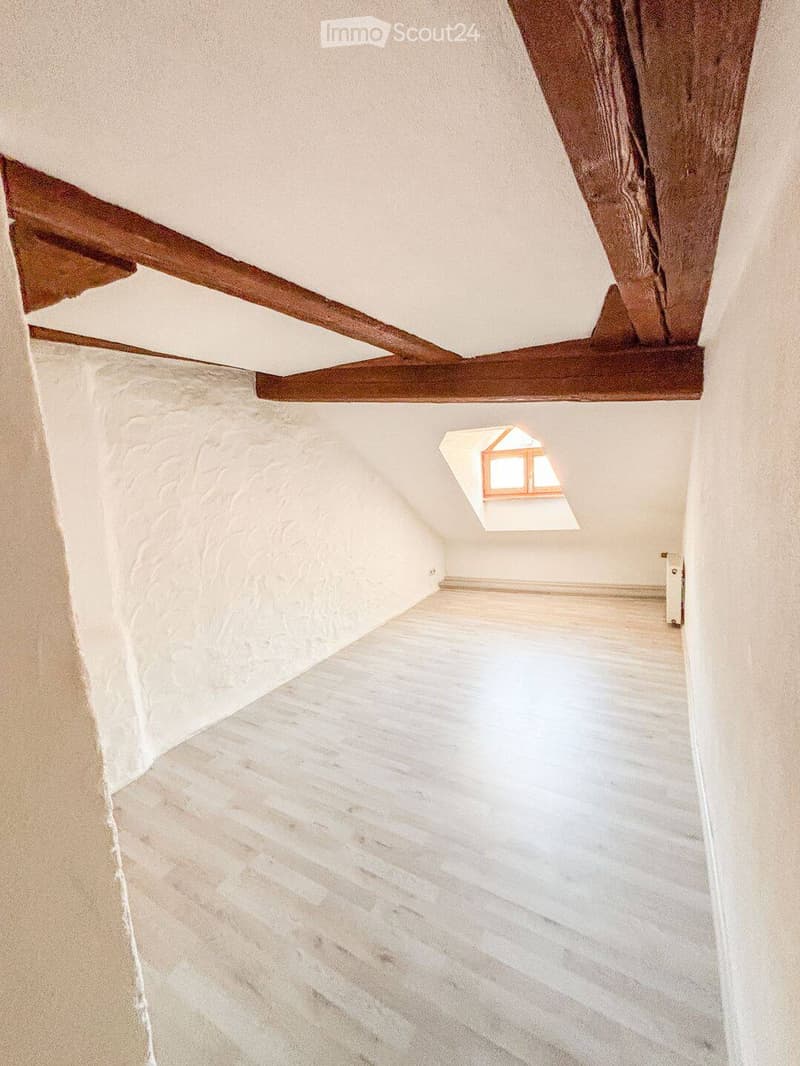 Empty attic space with wooden beams, white plaster walls, and a skylight window allowing natural light.