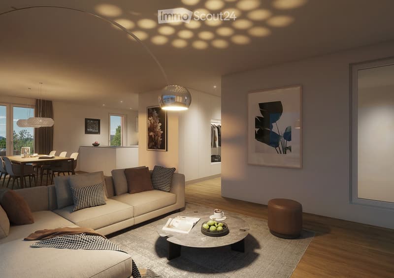 Modern living room with a sectional sofa, coffee table, dining area, and large windows with a view.