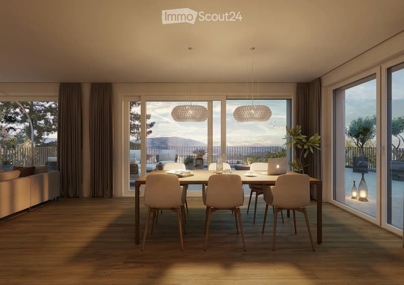 Modern dining room with wooden floor, large windows offering a scenic view, a dining table with chairs, a sofa, and decorative lighting.