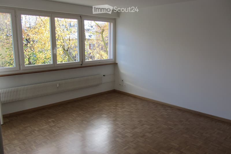Empty room with wooden flooring, white walls, large windows with wooden frames, and a radiator below the windows.
