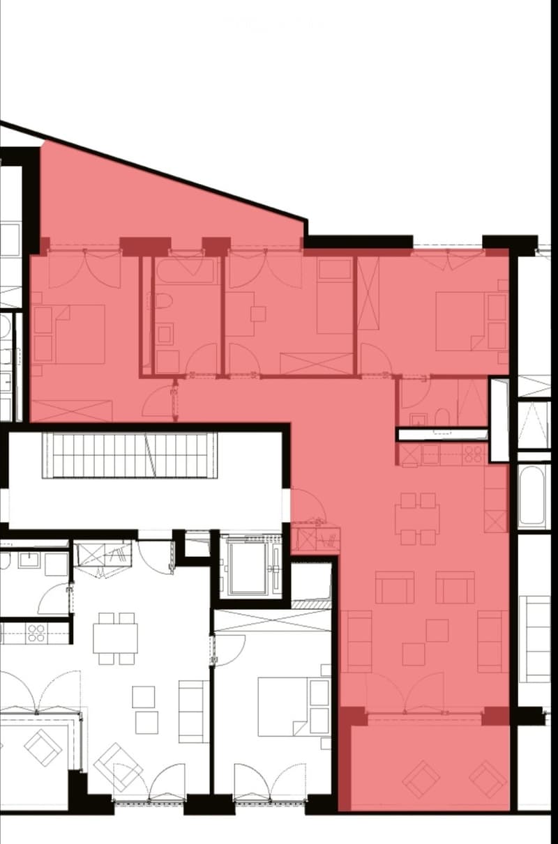 Floor plan of a multi-level building with multiple rooms including living areas, bedrooms, bathrooms, and a kitchen.