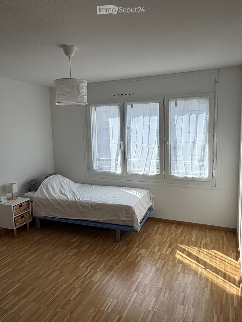 Minimalist bedroom with a single bed, nightstand, lamp, and picture frame. Large windows with sheer curtains allow natural light to fill the space.