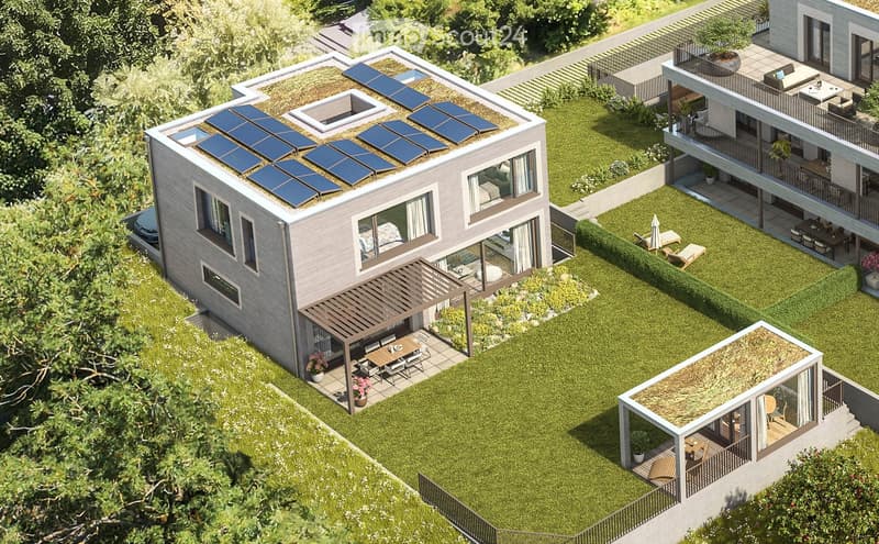 A modern, multi-level house with solar panels on the roof, surrounded by a well-maintained lawn and outdoor seating areas.
